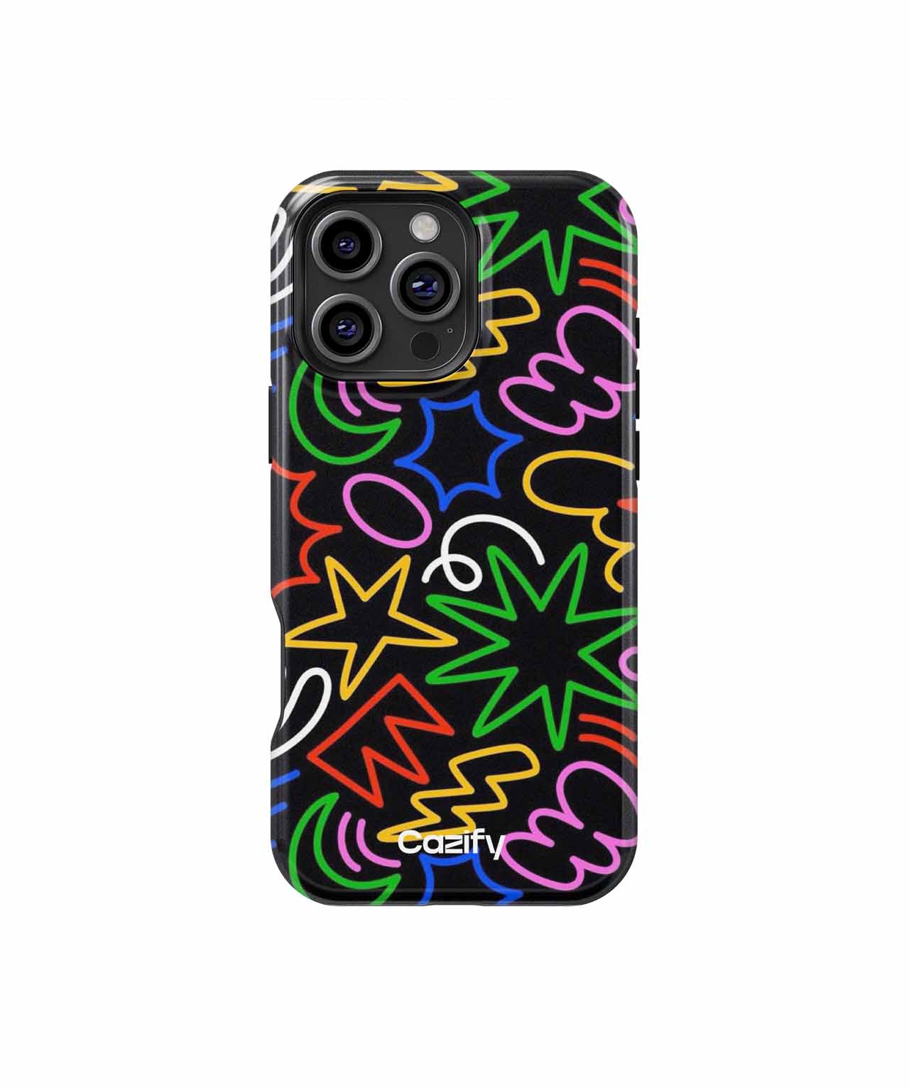 Black phone case with colorful neon abstract shapes and "Casetify" logo at bottom. - Cazify Canada