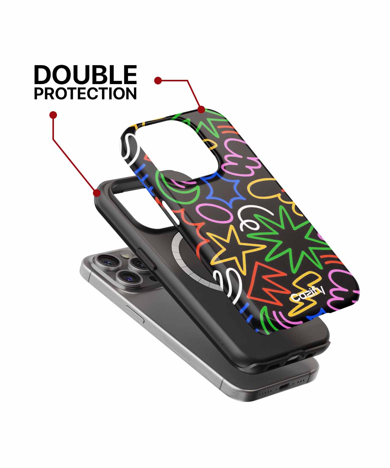 Black iPhone case with colorful neon doodles and double protection design. - Cazify Canada