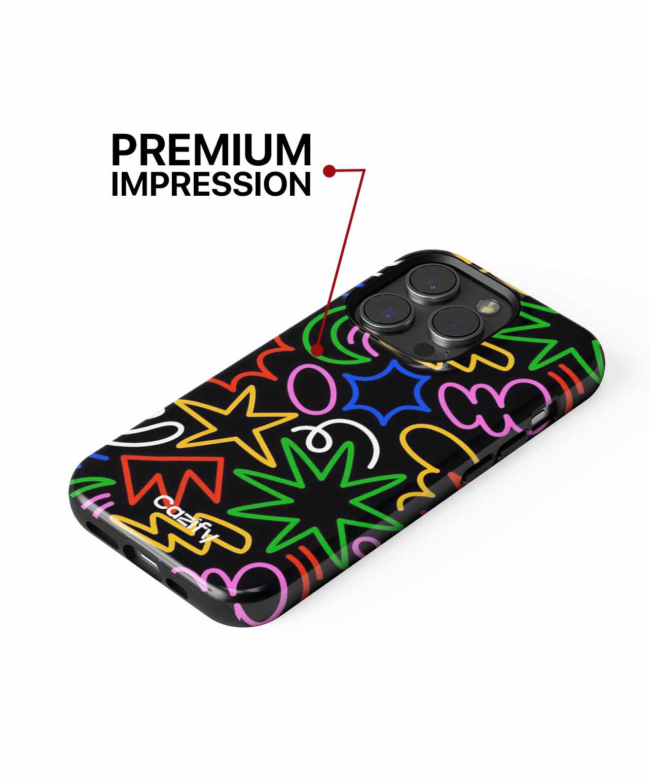 Black phone case with colorful neon abstract shapes and stars design. - Cazify Canada