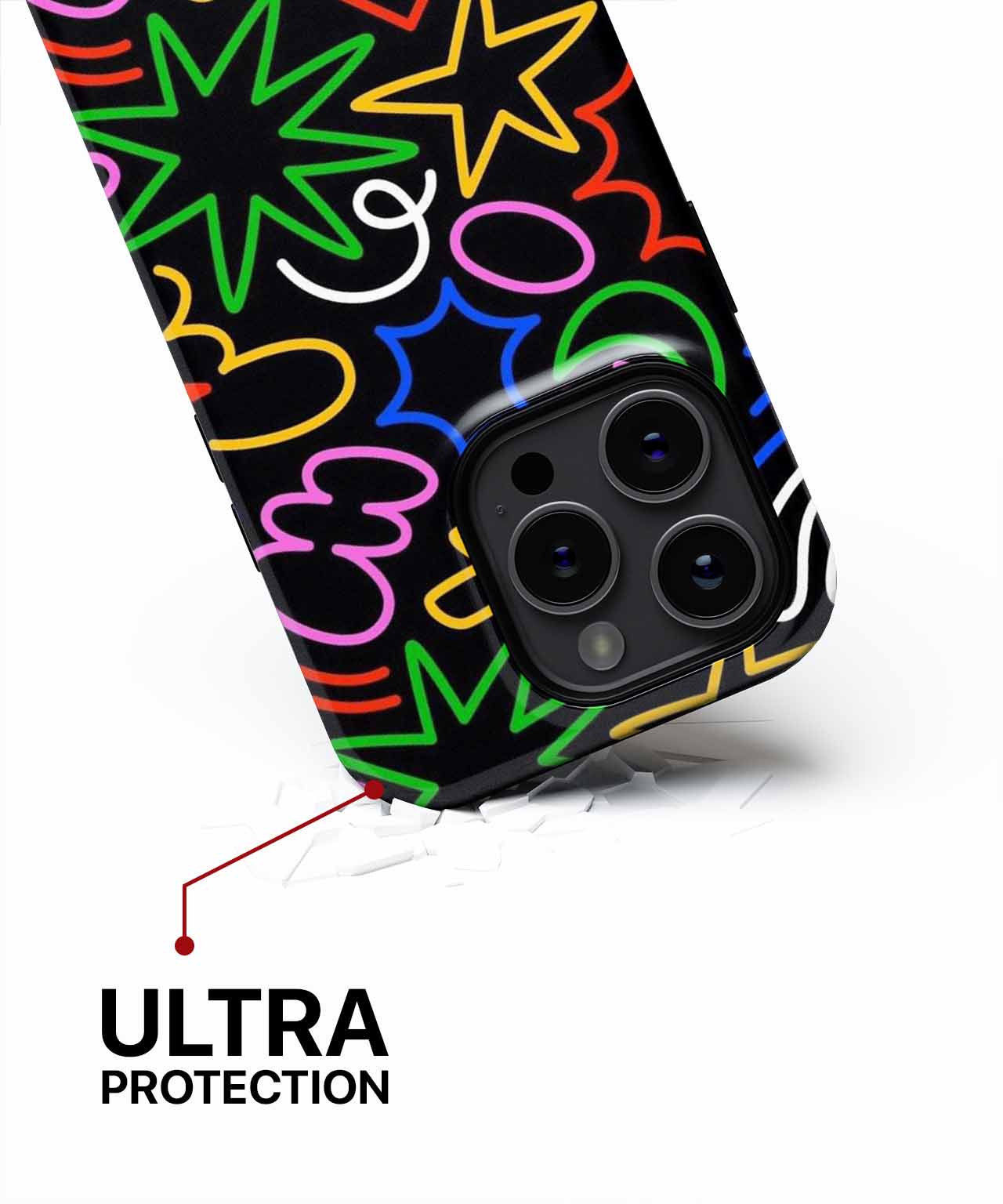 Black phone case with colorful neon abstract shapes for triple camera iPhone model. - Cazify Canada