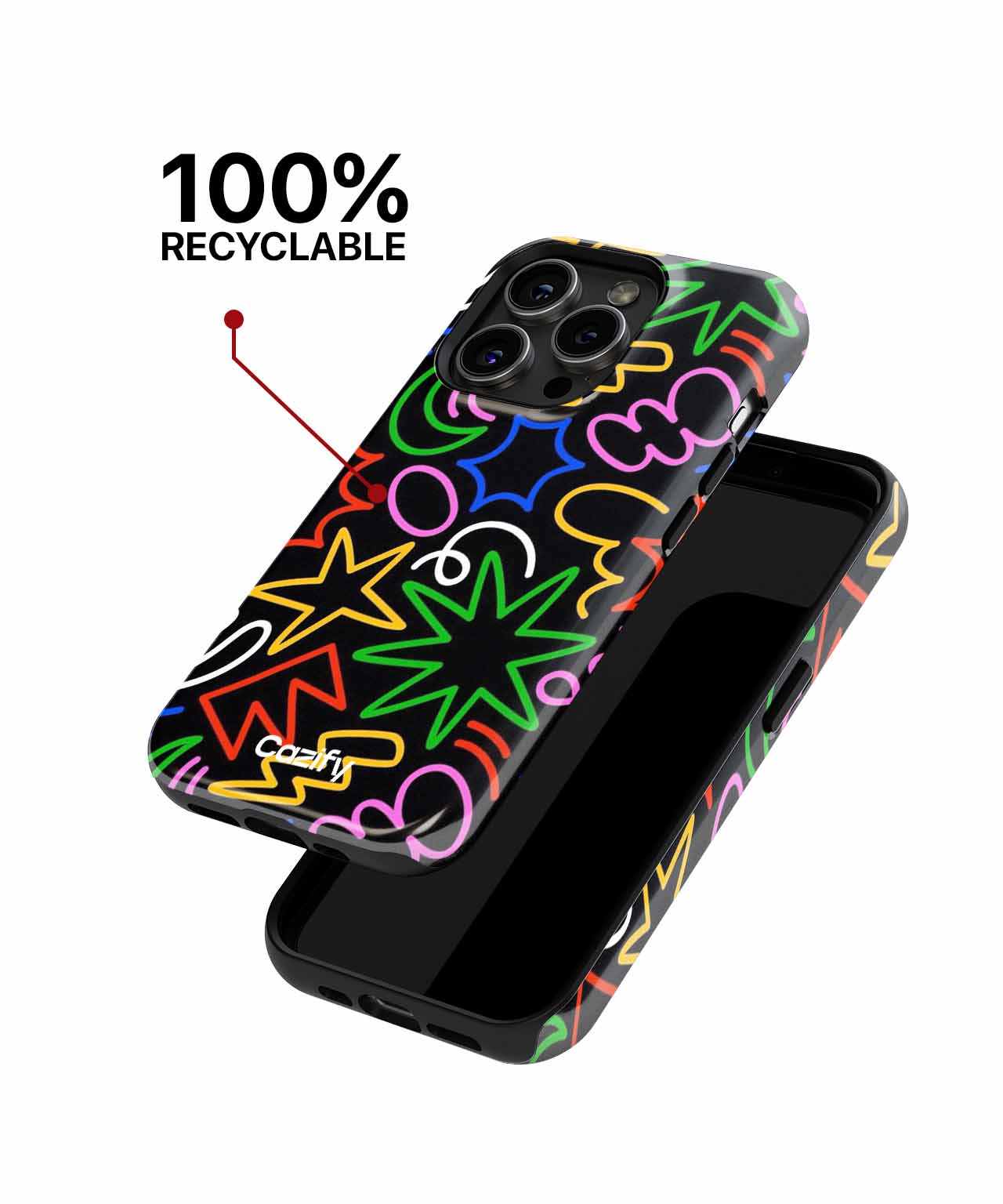 Black phone case with colorful neon abstract shapes and 100% recyclable label. - Cazify Canada