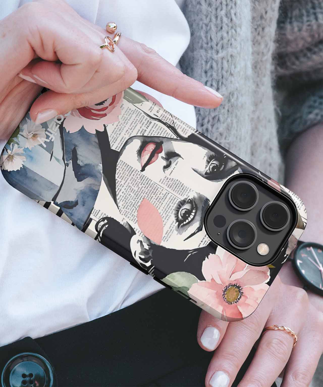 Black and white portrait collage phone case with pink flowers and textured details. - Cazify Canada