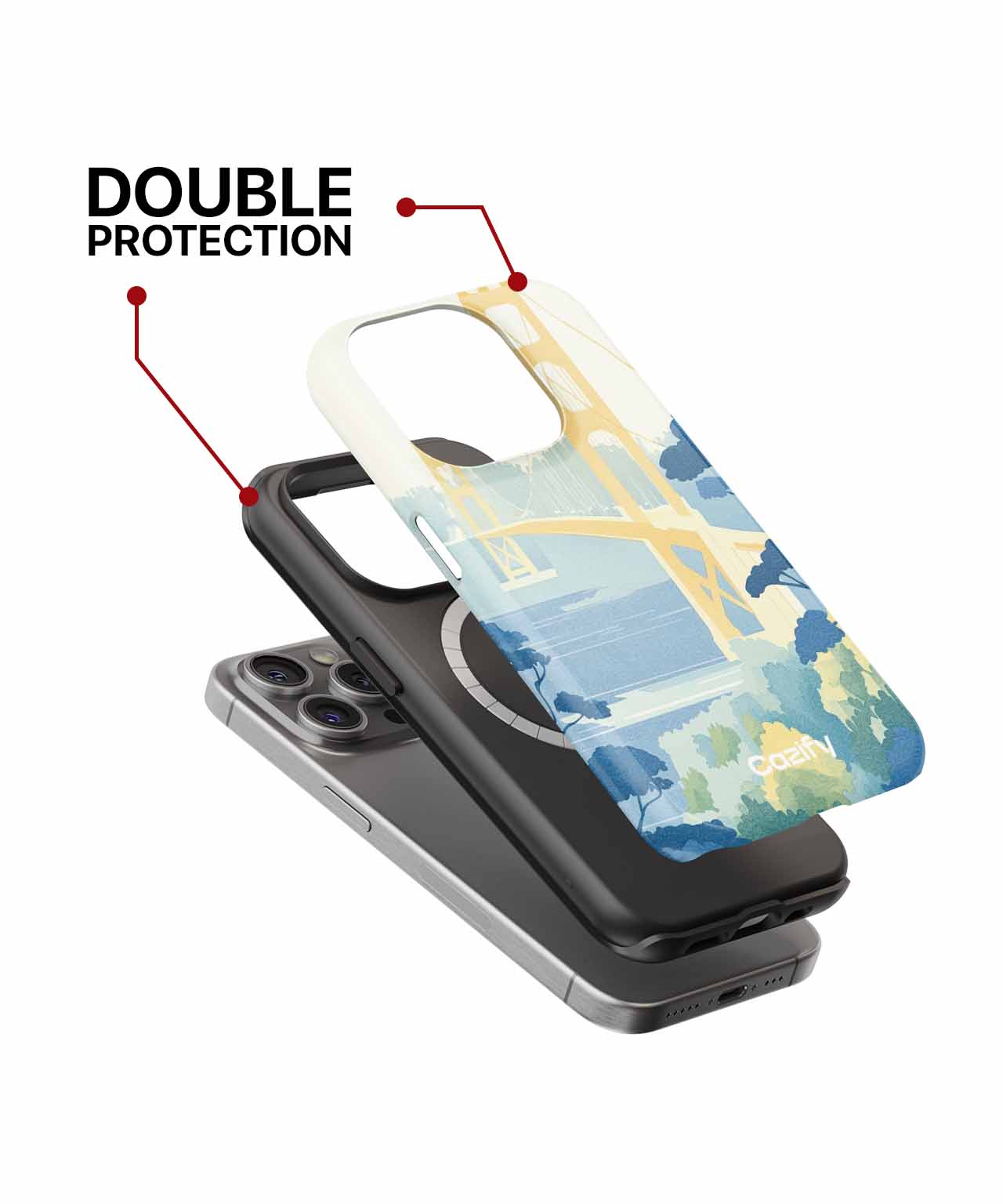 Cazify Canada - Two-layer iPhone case with black inner shell and outer sky bridge graphic cover.