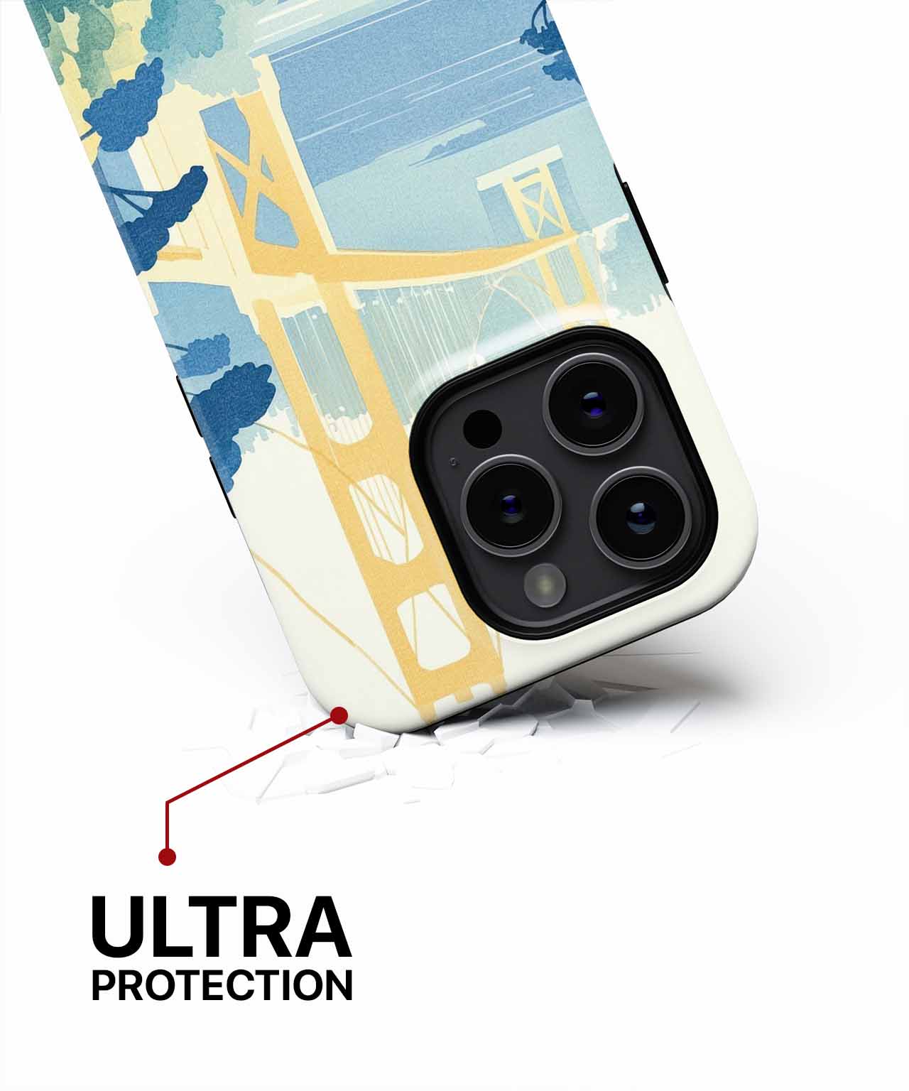 Cazify Canada - White phone case with blue and yellow bridge design, showcasing triple camera cutout and reinforced corners.