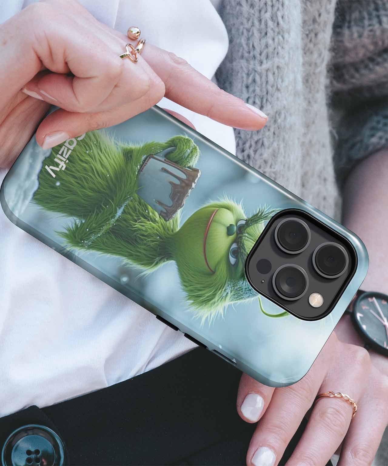 Grumpy Green Creature Sipping Hot Cocoa iPhone case Case Cazify - Delivery Canada