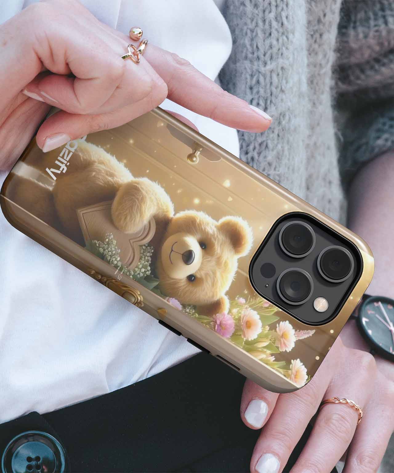 Joyful Bear with Heart and Flowers iPhone case Case Cazify - Delivery Canada