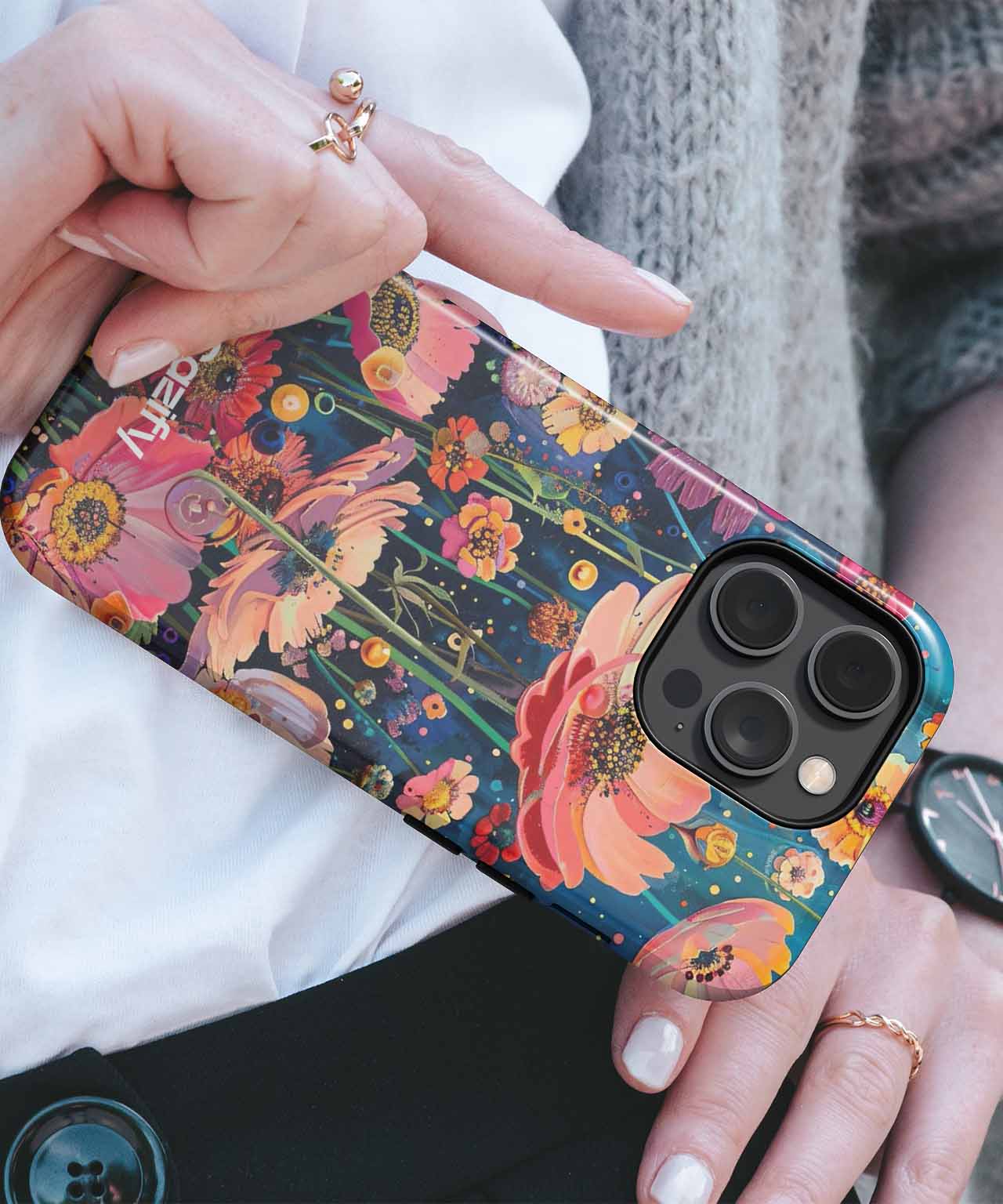 Floral patterned protective iPhone case with dark background and colorful flowers. - Joyful Blooming Garden of Wonders iPhone case - Cazify Canada