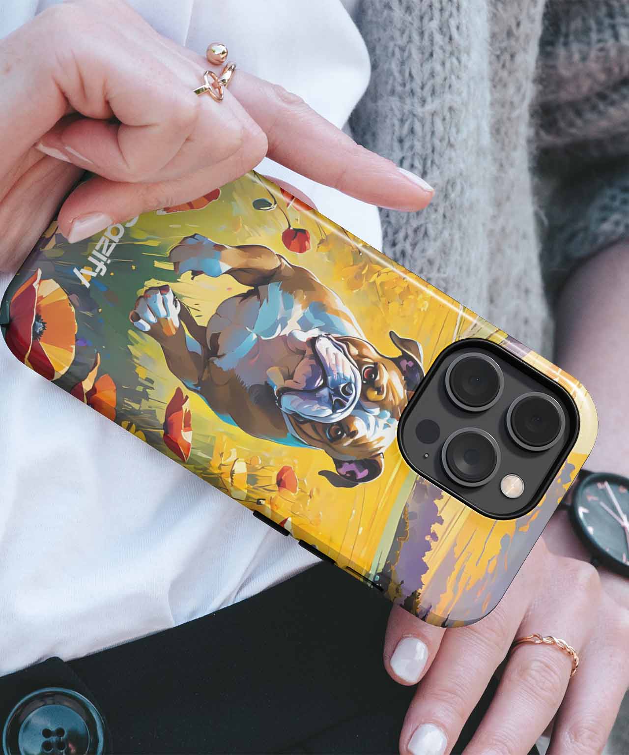 Joyful Bulldog Frolicking in Poppy Fields iPhone case Case Cazify - Delivery Canada