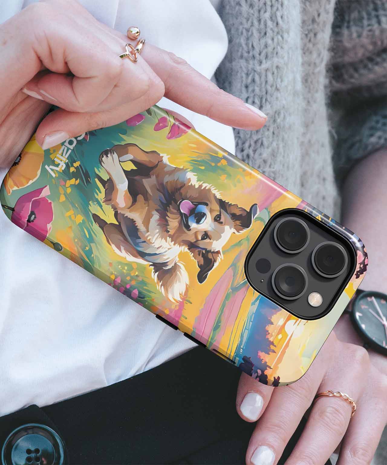 Joyful Dog Running Through Flowers iPhone case Case Cazify - Delivery Canada