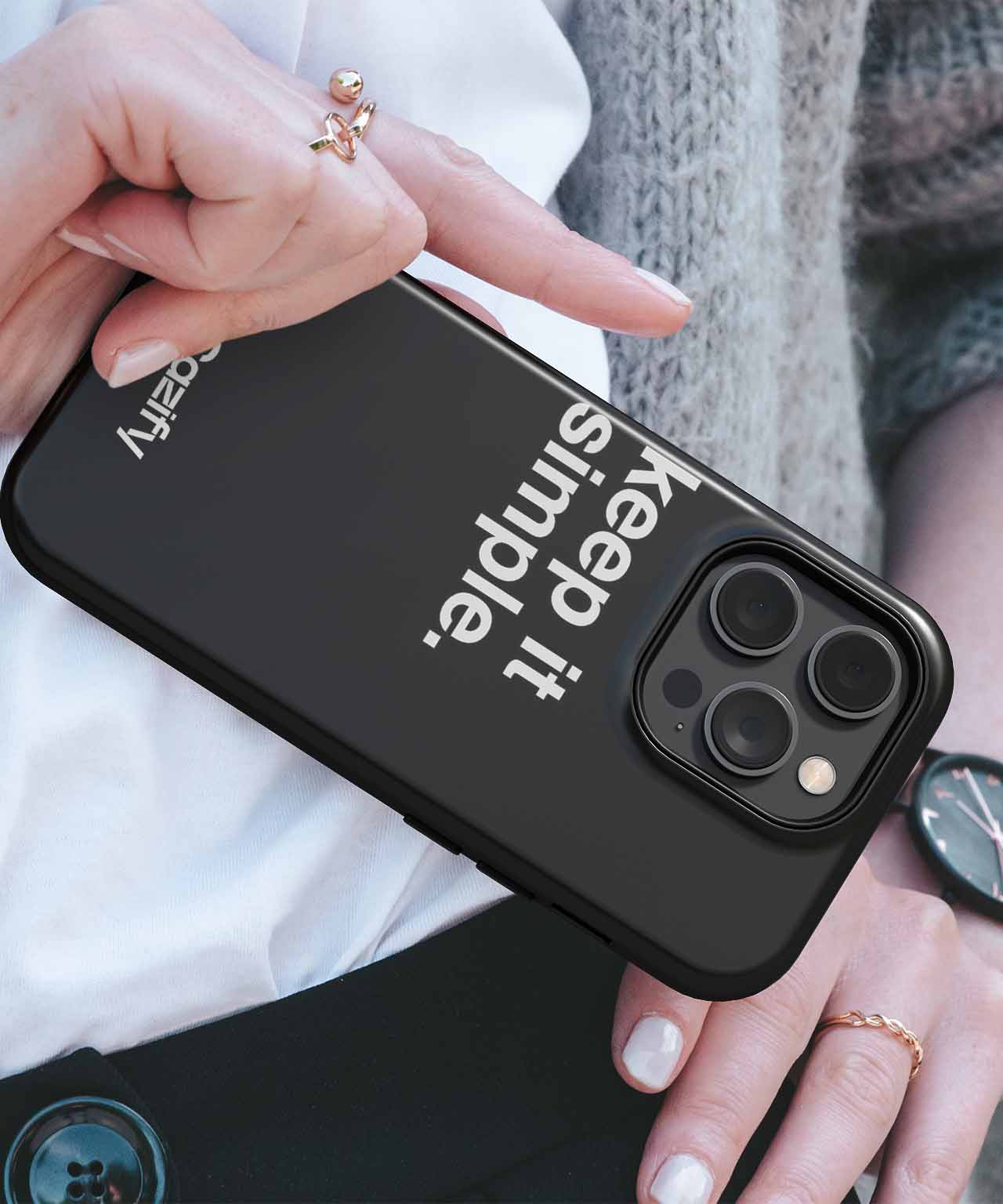 Black iPhone case with "keep it simple." text and cutouts for triple camera lenses. - Cazify Canada