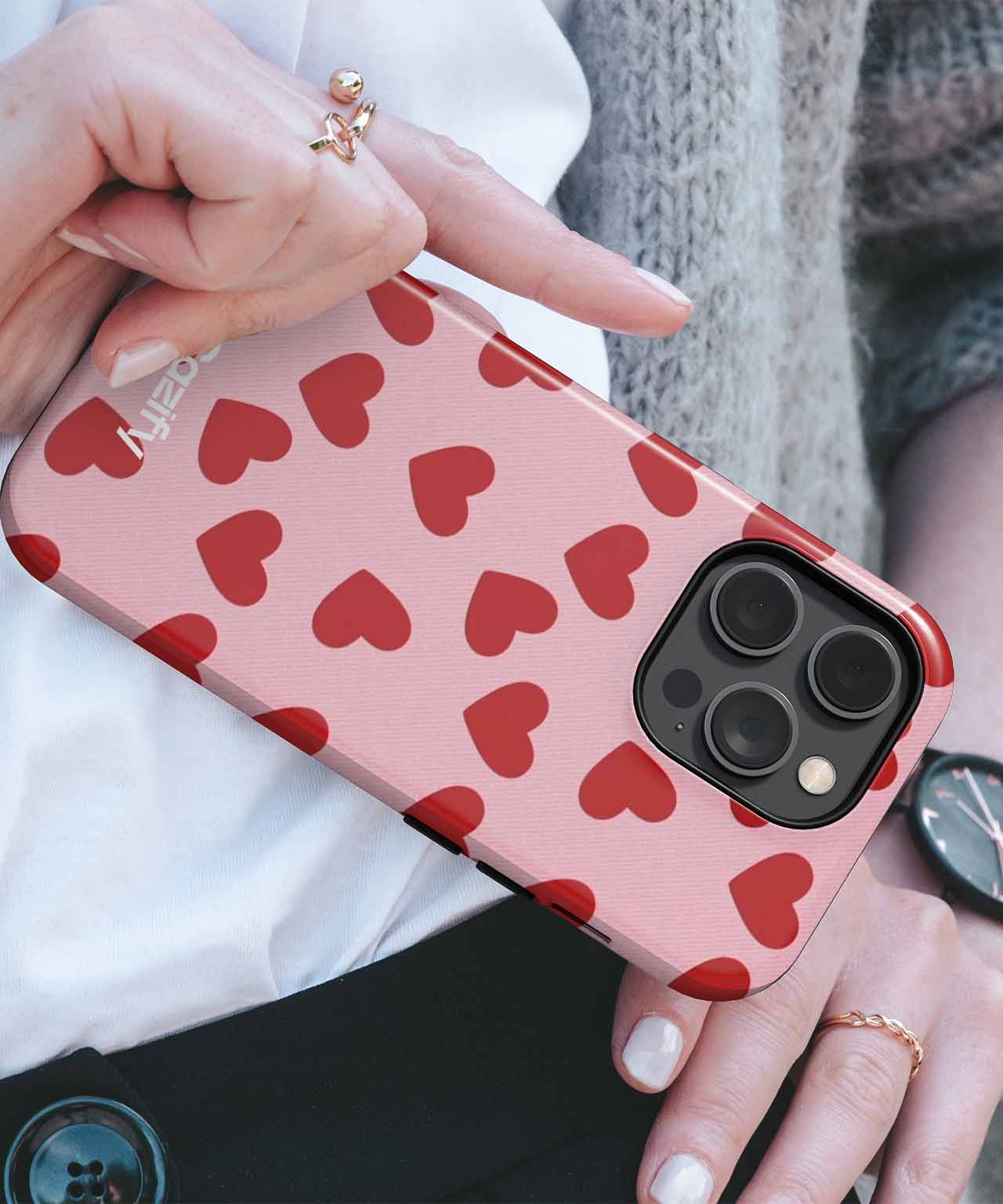 Pink iPhone case with red hearts and precise camera cutout. - Cazify Canada