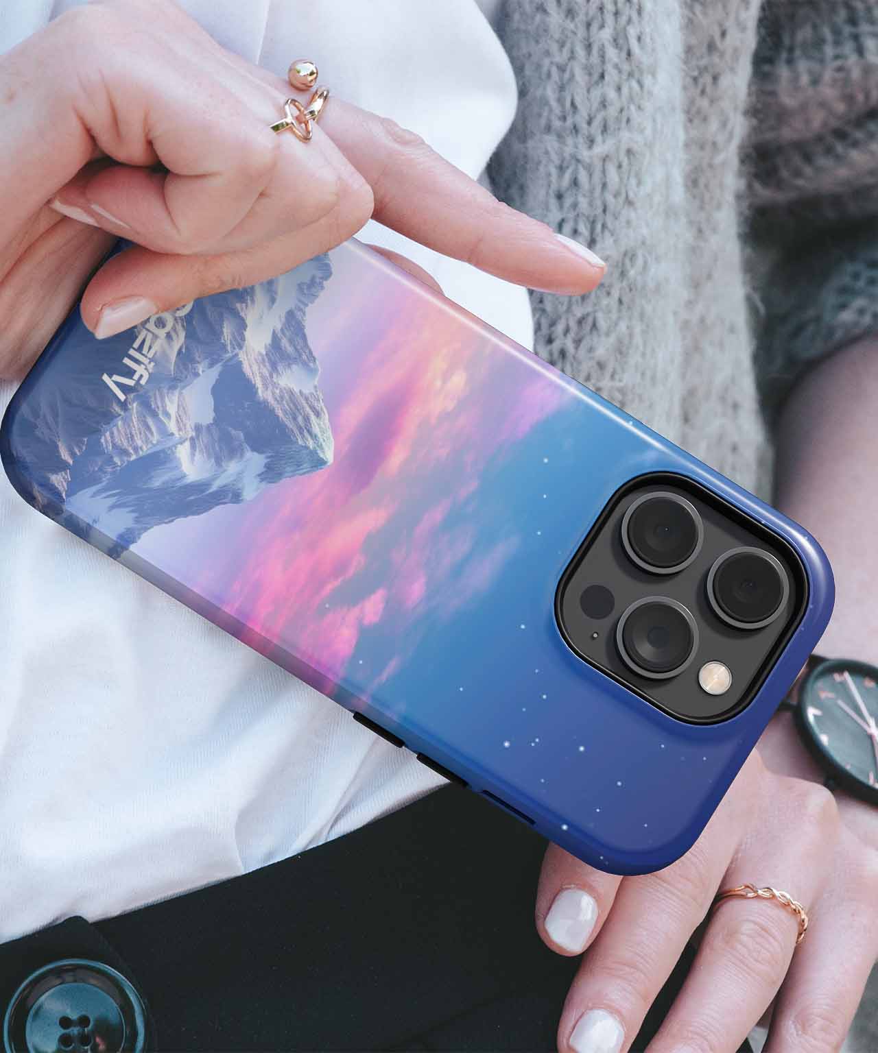 Cazify Canada - Blue iPhone case with mountain and pink sunset sky design, triple camera cutout.