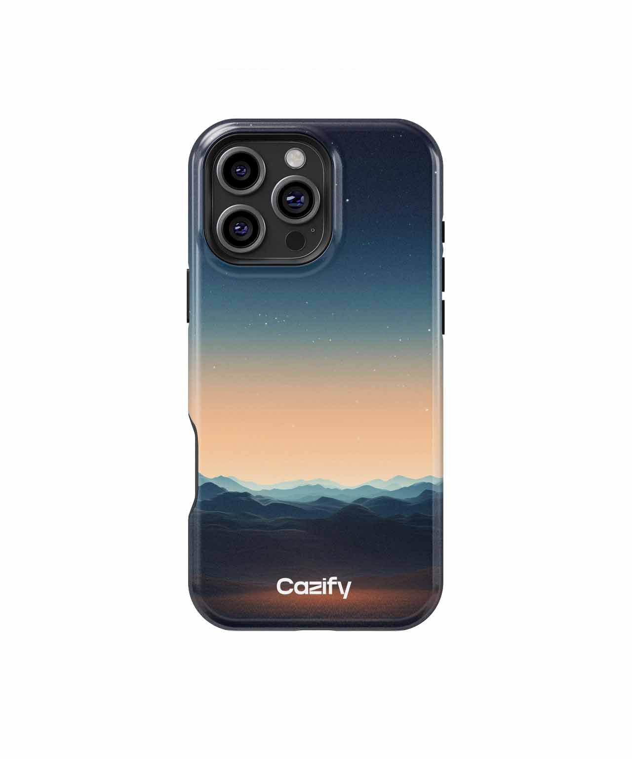Cazify Canada - Dark blue gradient phone case with mountain silhouette and white Coazfly logo.