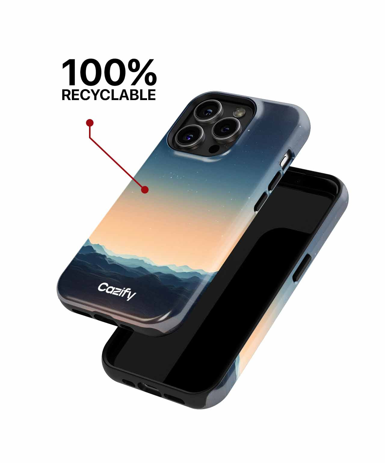 Cazify Canada - Blue gradient phone case with mountain silhouette and 100% recyclable text.