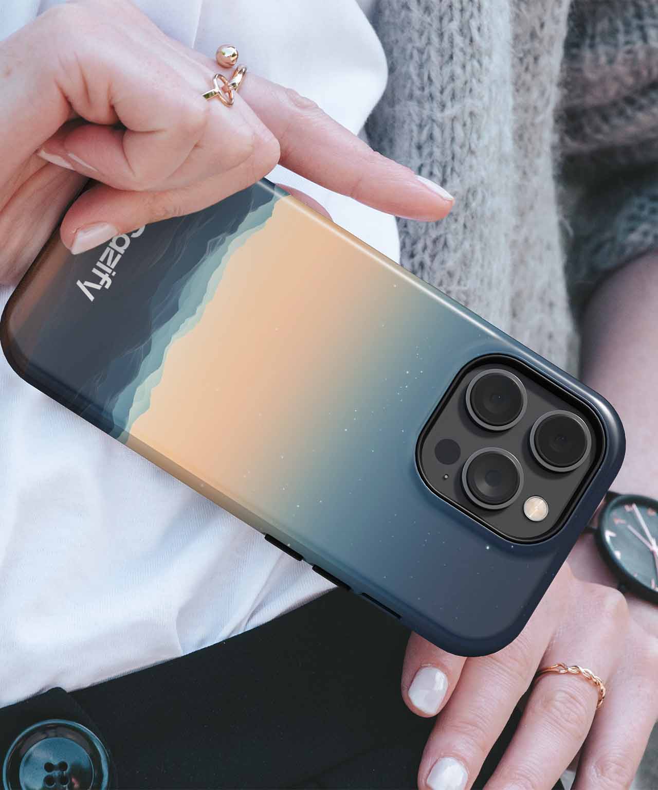 Cazify Canada - Black smartphone case with mountain sunset gradient and triple camera cutout.
