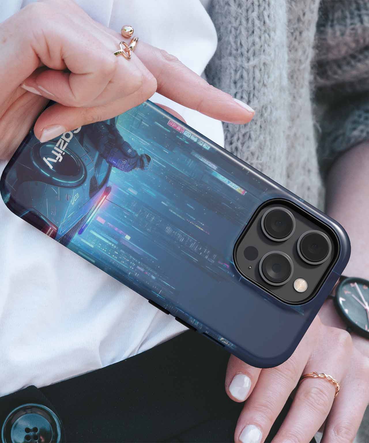 Neon Skyline Nonsense with Robots and Cars iPhone case Case Cazify - Delivery Canada