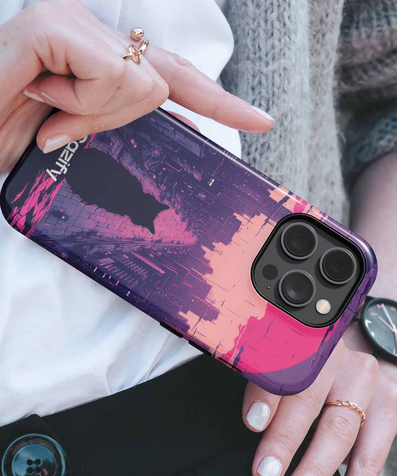 Pensive Cat Staring at a Neon Sunset iPhone case Case Cazify - Delivery Canada