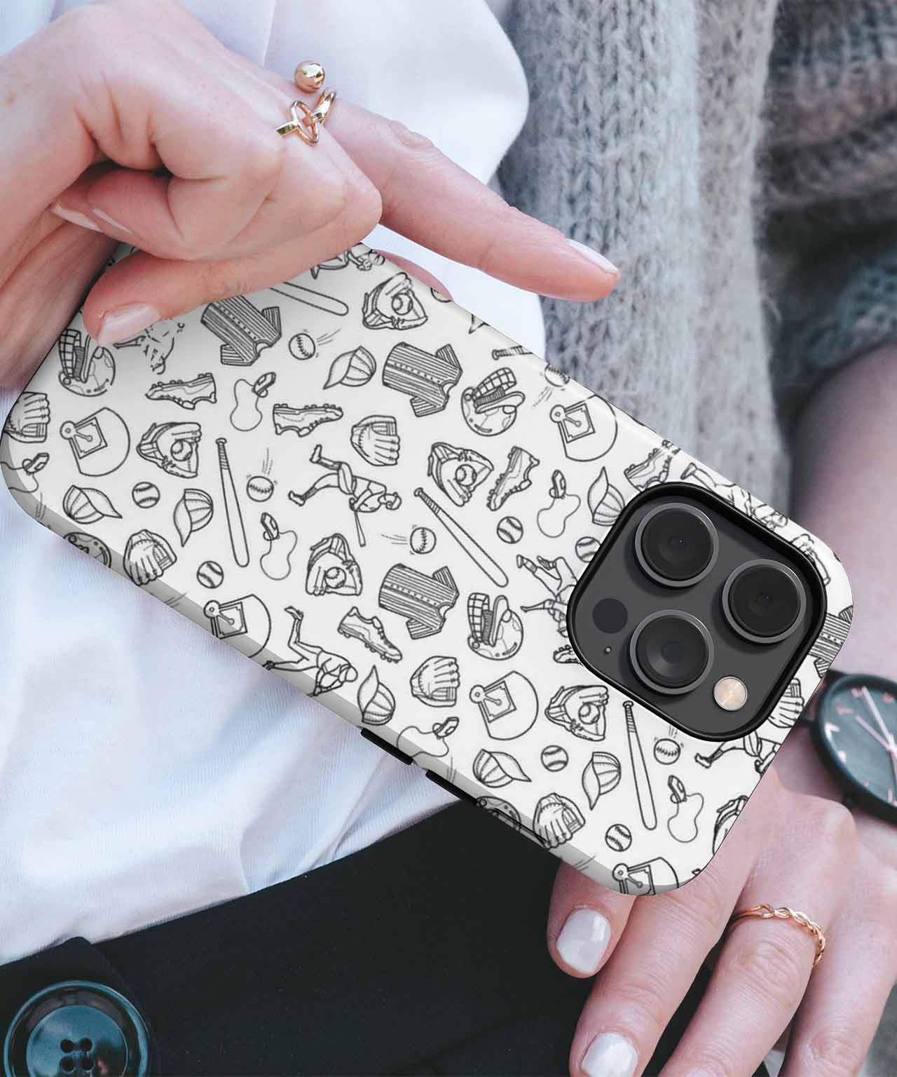 White iPhone case with black line art of food and drink doodles on a smartphone. - Cazify Canada