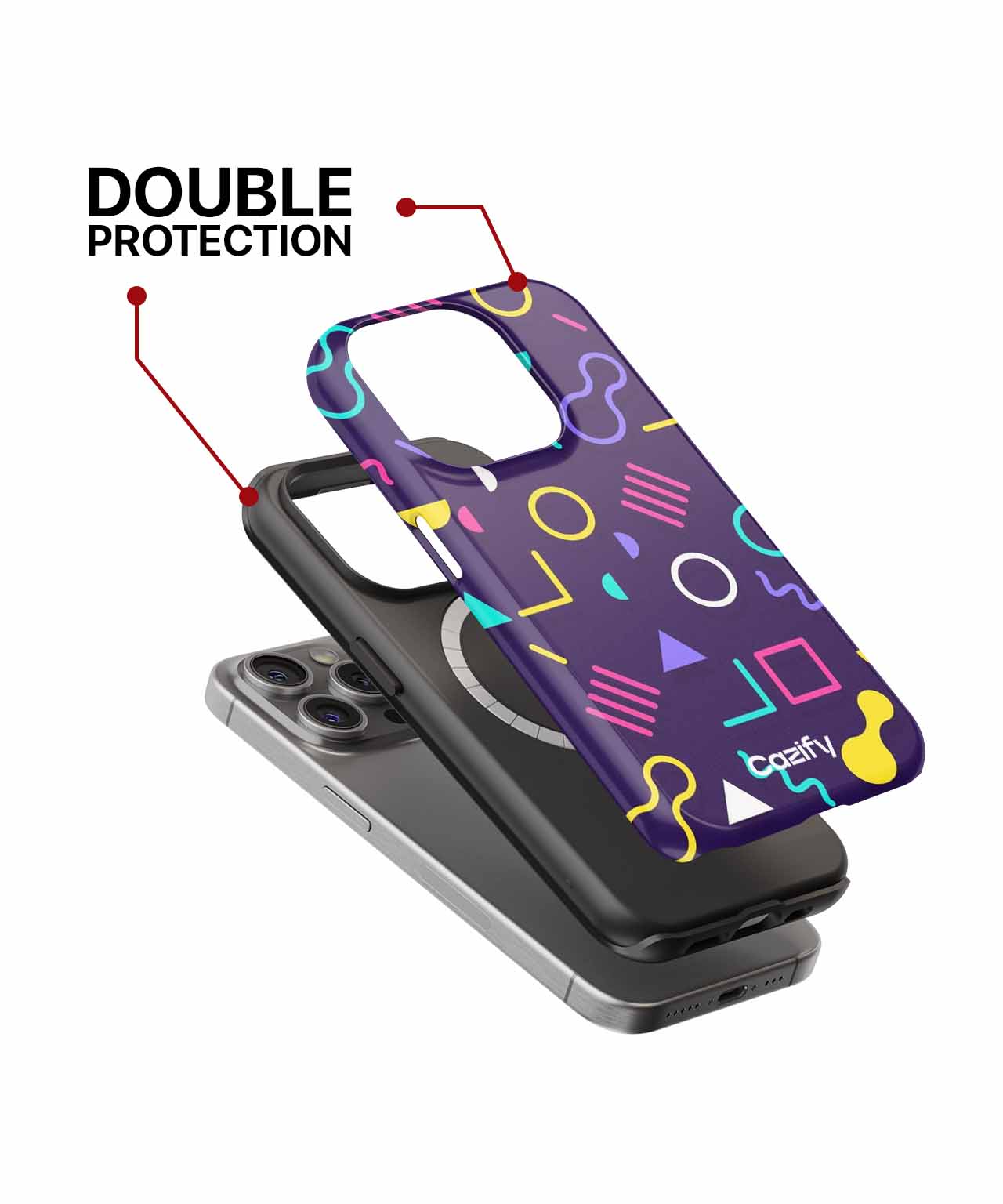 Purple phone case with colorful geometric shapes, designed for iPhone with dual-layer protection. - Cazify Canada