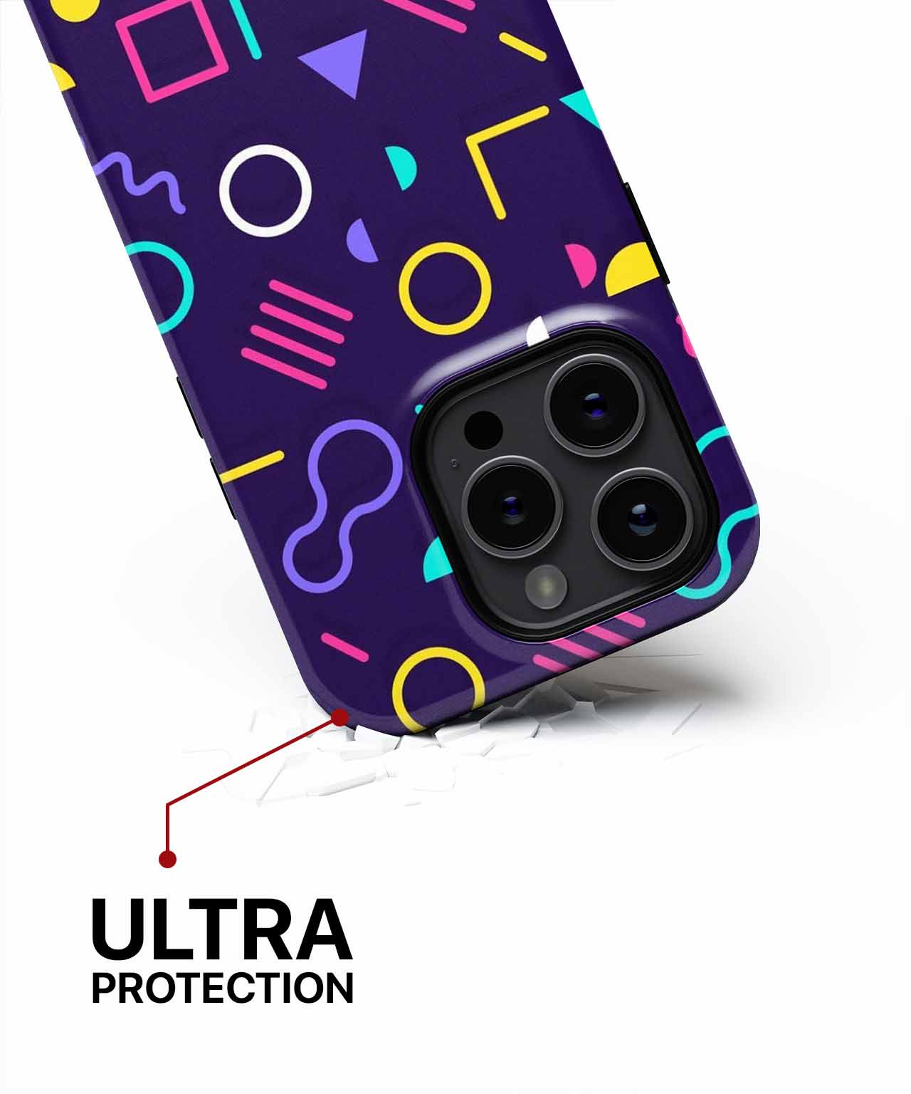 Purple phone case with colorful abstract shapes and raised camera protection. - Cazify Canada