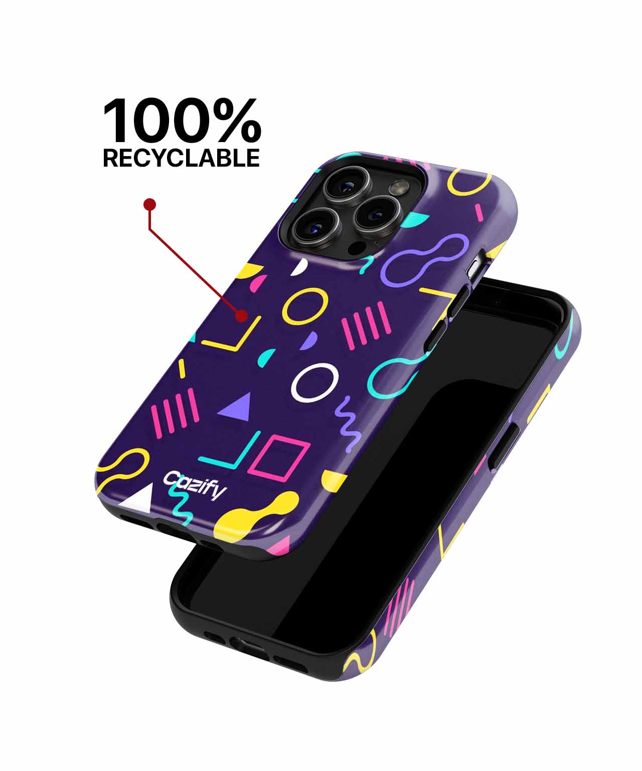 Purple phone case with colorful geometric shapes and black front border, compatible with multiple iPhone models. - Cazify Canada