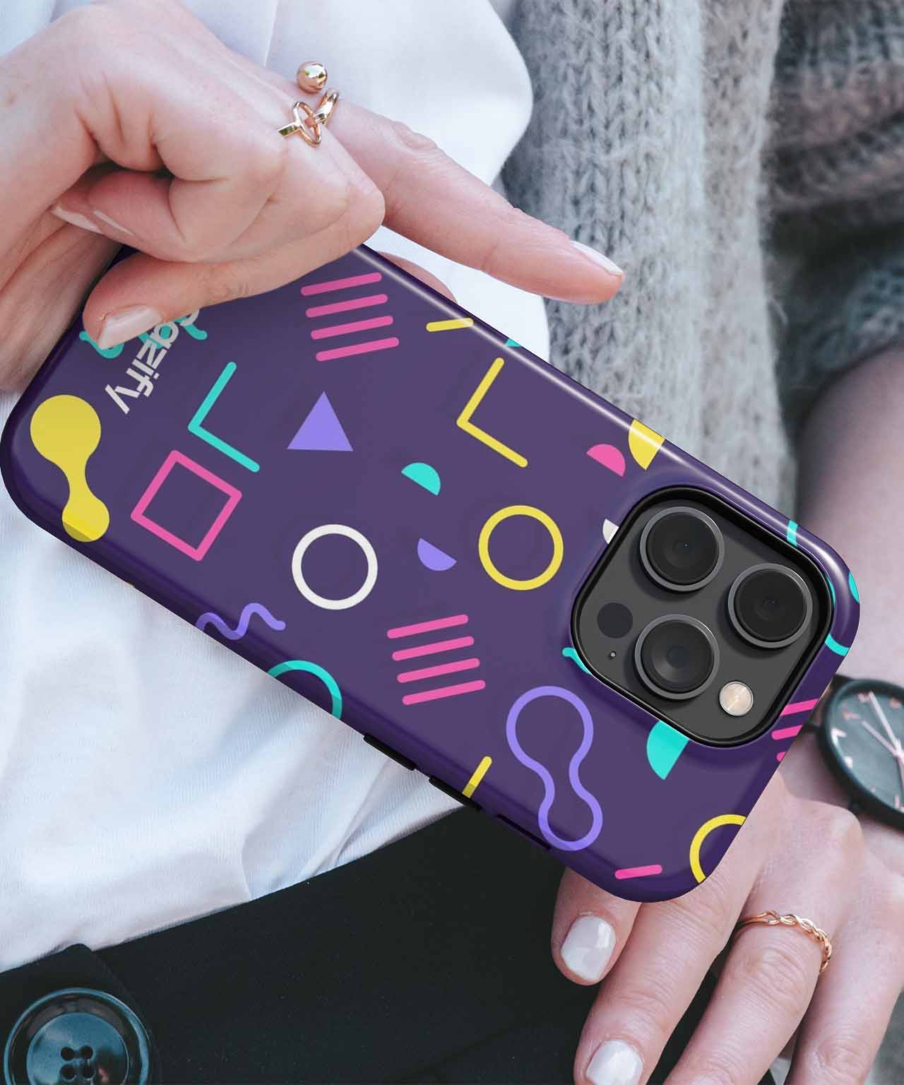 Purple phone case with colorful geometric shapes and abstract patterns on an iPhone. - Cazify Canada