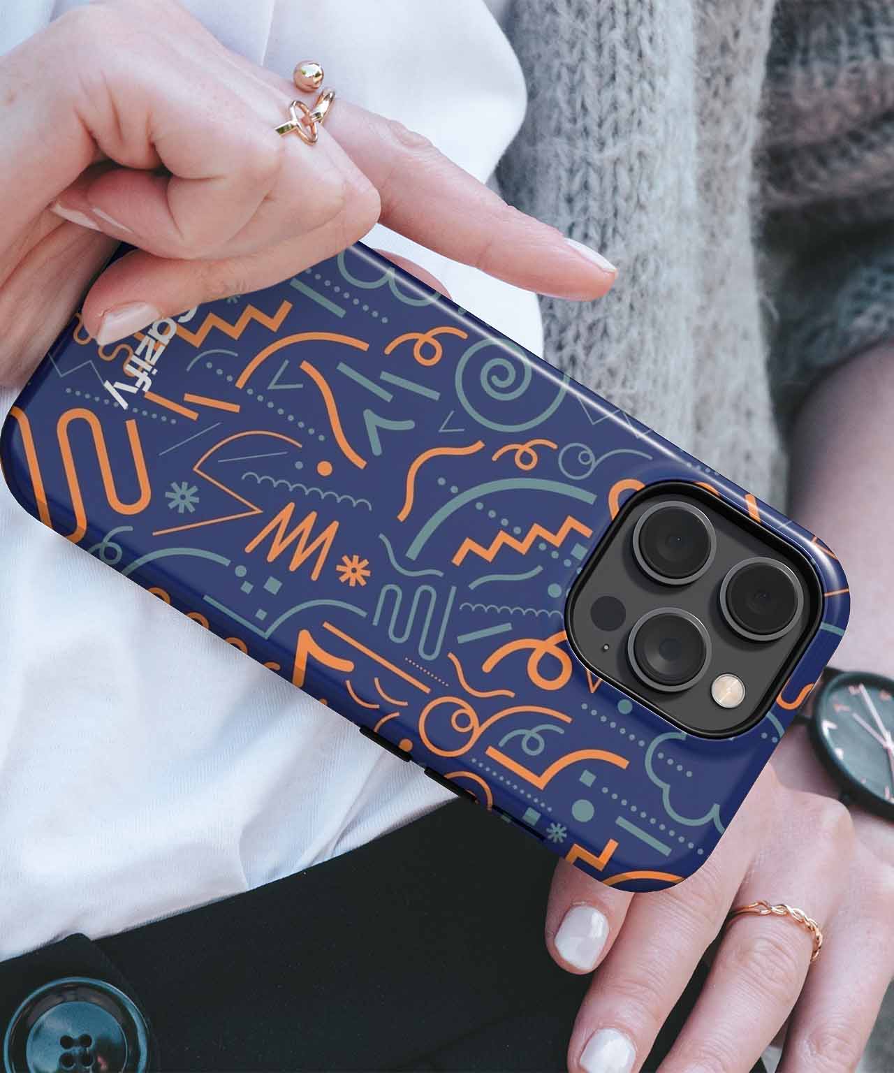 Navy blue iPhone case with abstract orange and blue geometric patterns. - Cazify Canada
