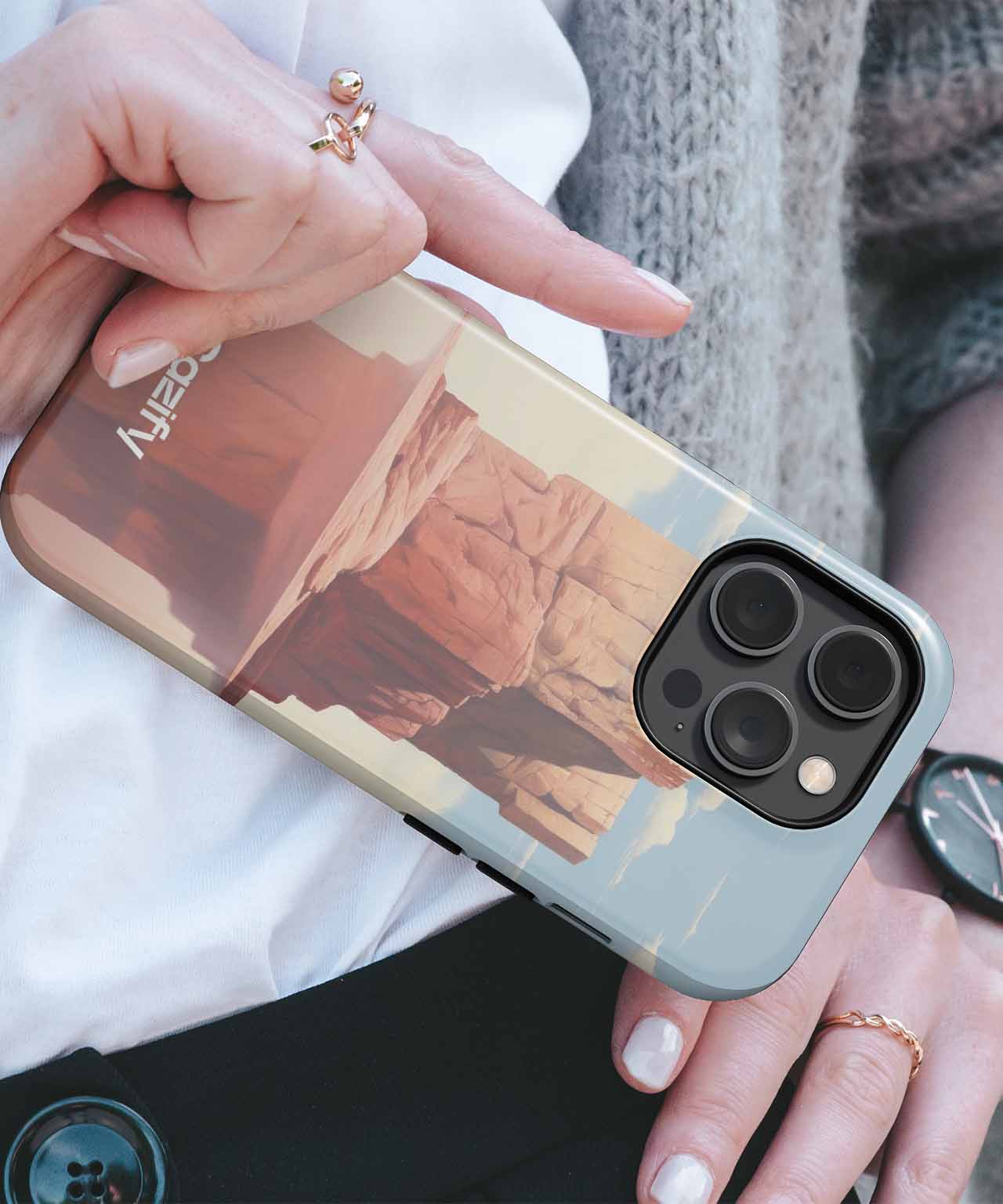 Cazify Canada - Protective iPhone case with desert rock landscape design and frosted edges.