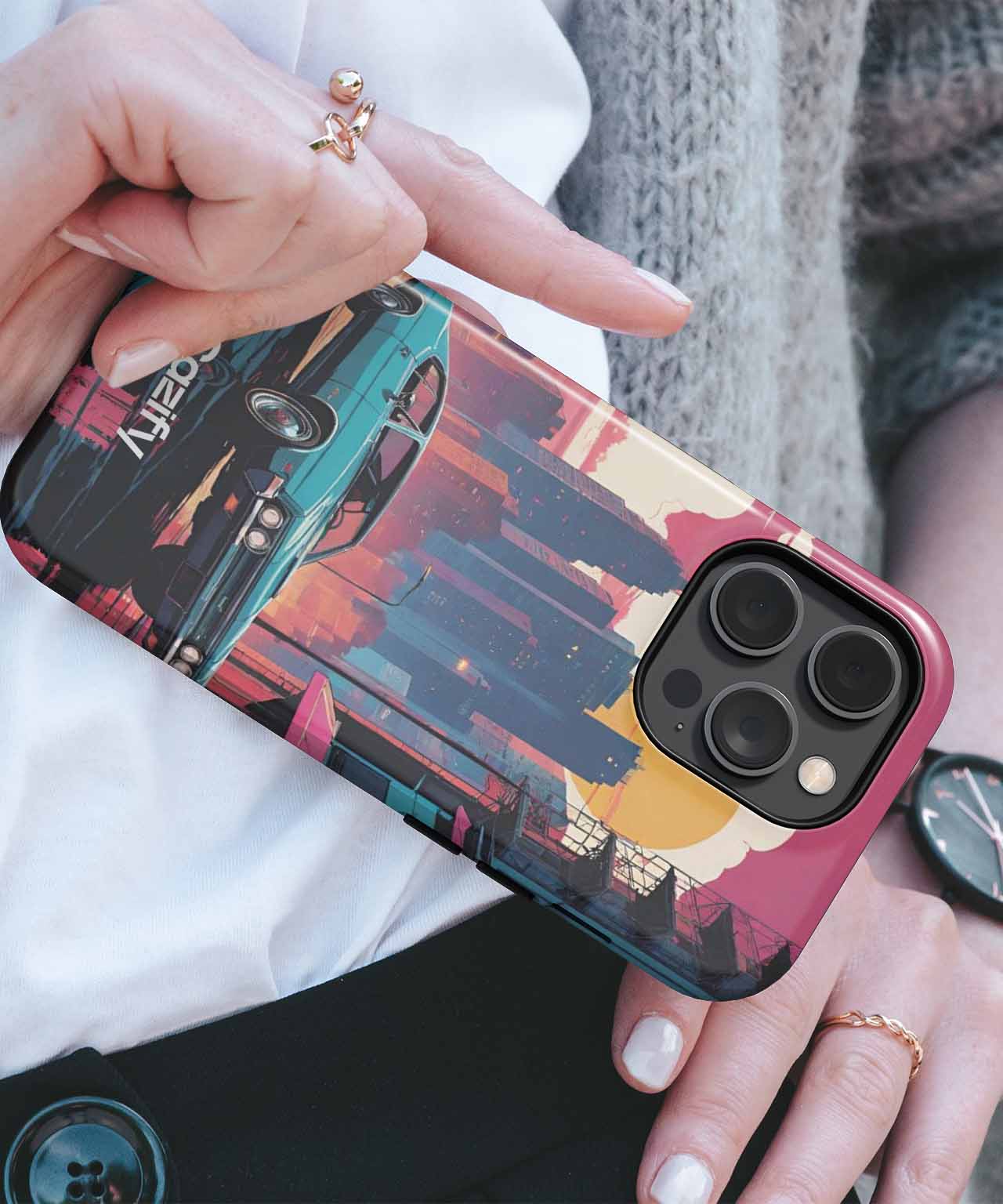 Retro Road Trip Vibes in Neon City iPhone case Case Cazify - Delivery Canada