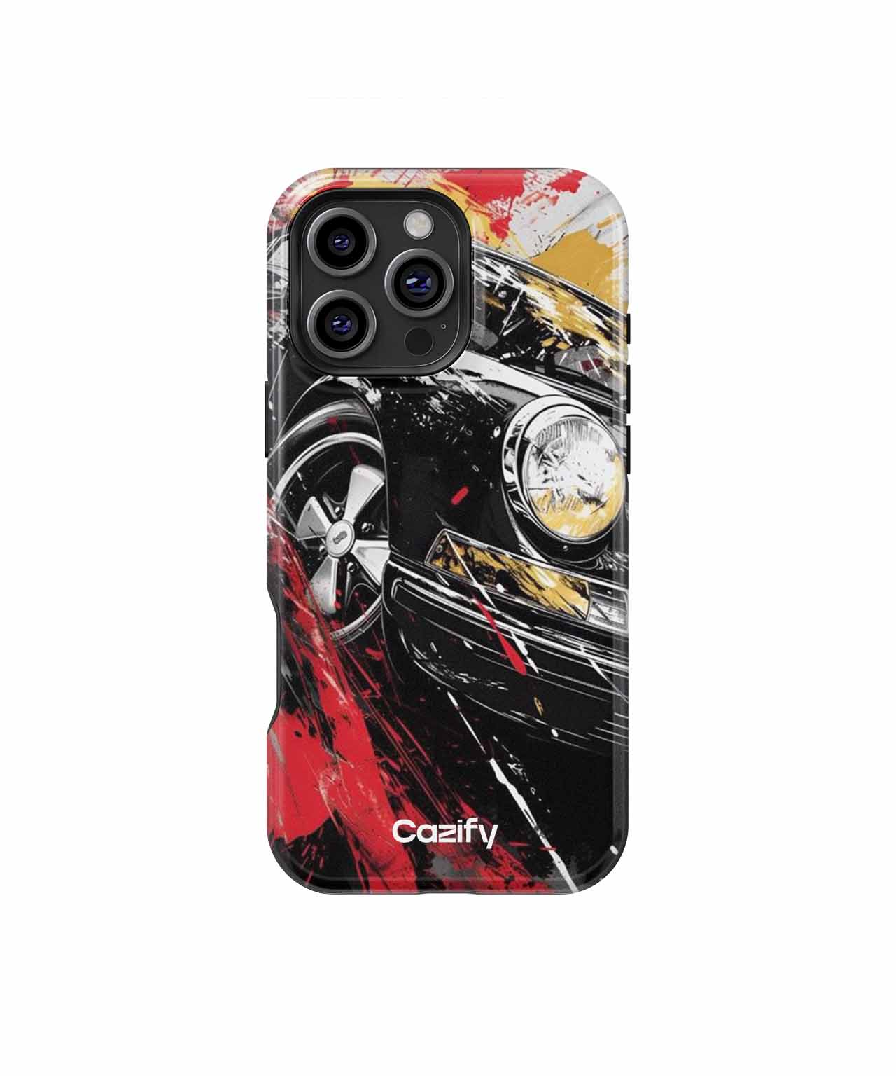 Black sports car design with red and yellow paint splatter on phone case. - Cazify Canada