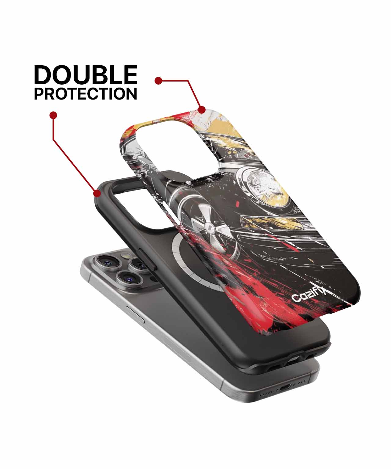 Decorative black and red phone case with racing car design, featuring double protection and robust inner layer. - Cazify Canada