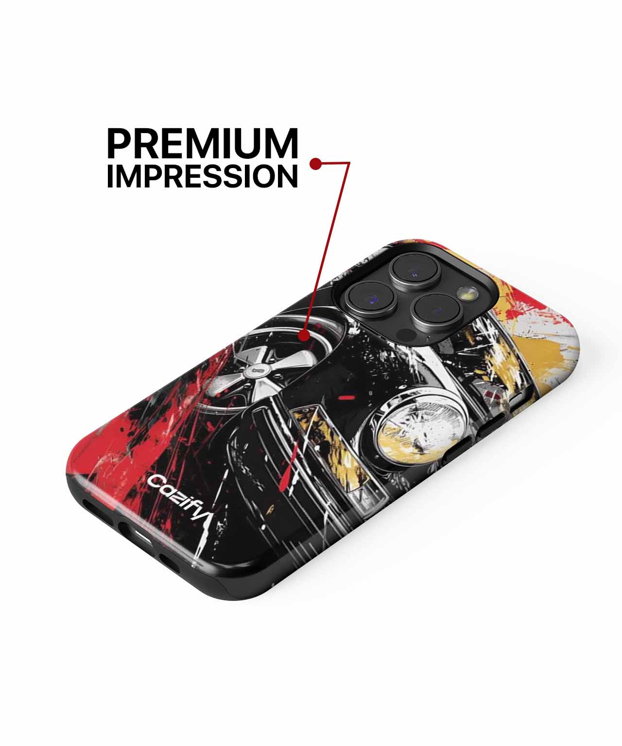 Black phone case with red and white abstract art and premium impression text. - Cazify Canada