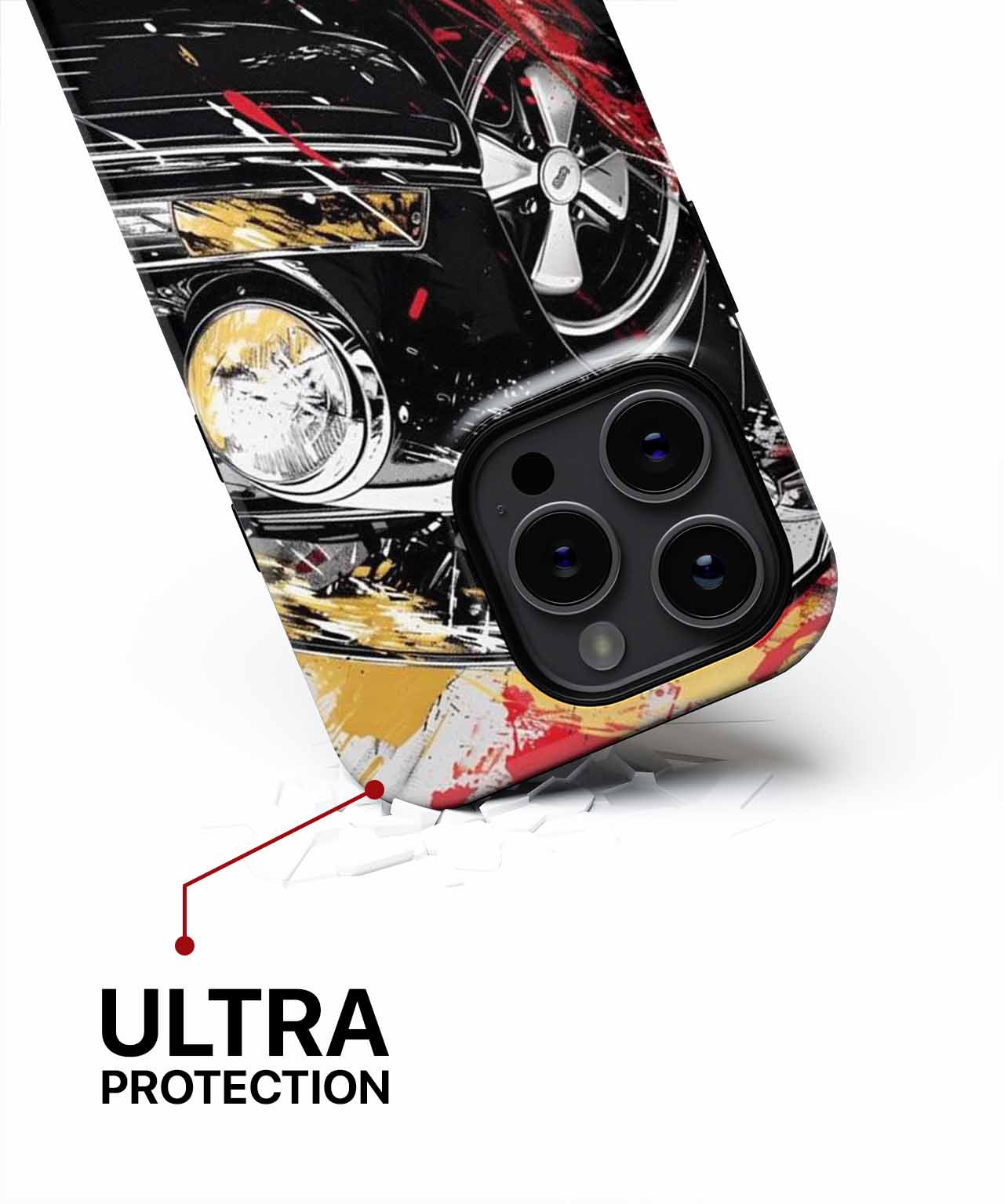 Black and red car design phone case with triple camera cutout and reinforced corners. - Cazify Canada