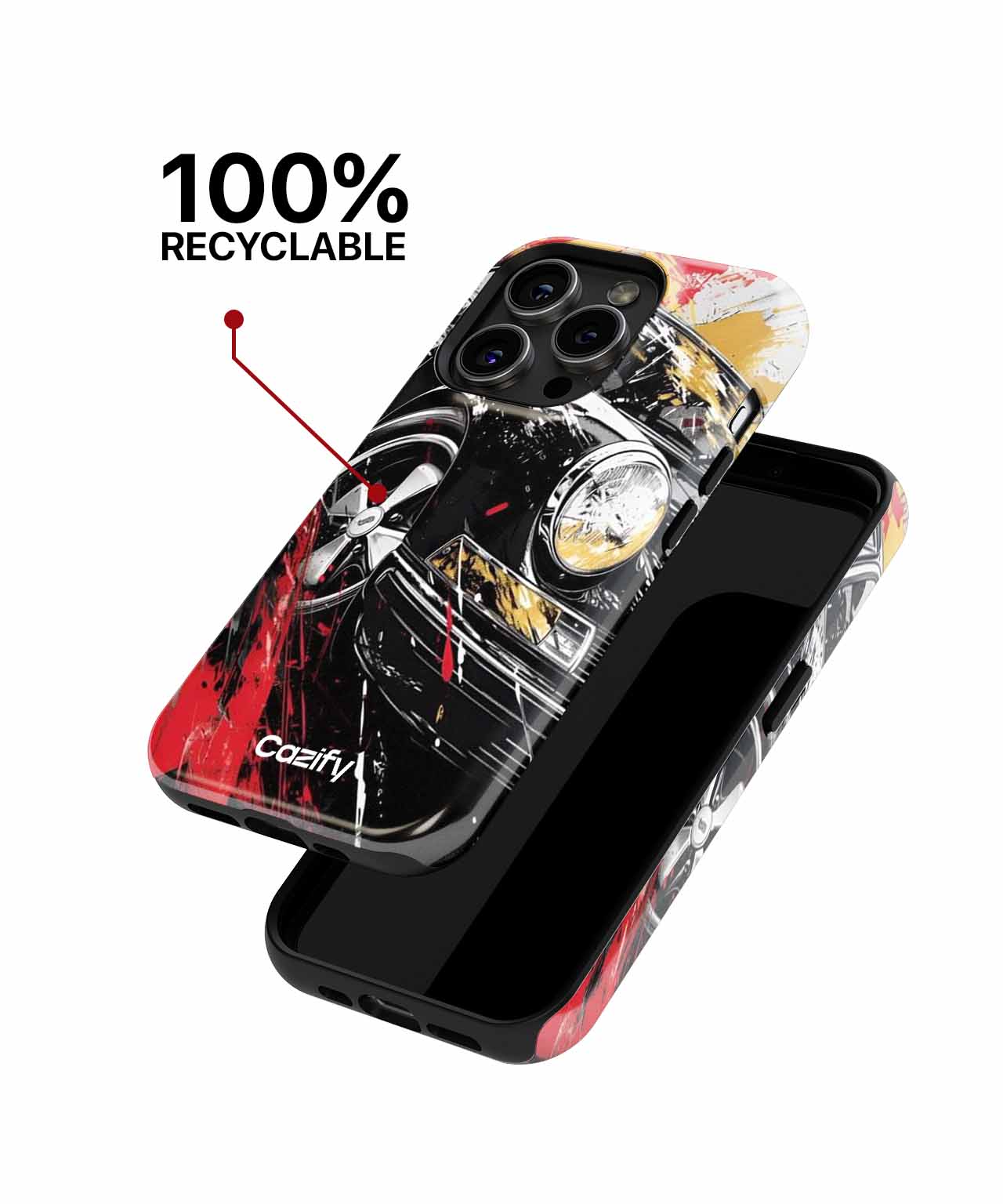 Black and red iPhone case with abstract skull and geometric design, labeled 100% recyclable. - Cazify Canada