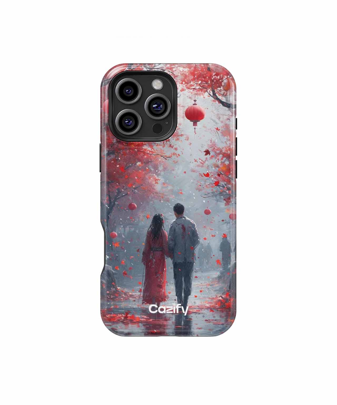 IPhone case with a romantic autumn scene of a couple walking under red-leaved trees and lanterns. - Cazify Canada