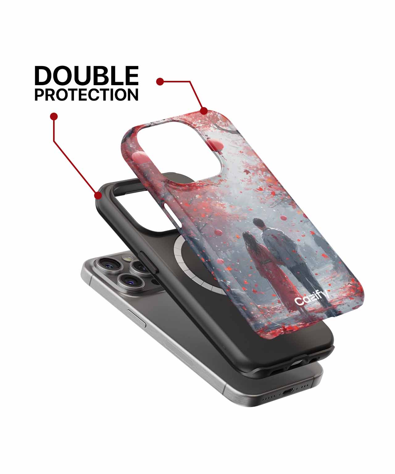Transparent magnetic phone case with red and black abstract design, showing double protection layer over a silver iPhone. - Cazify Canada