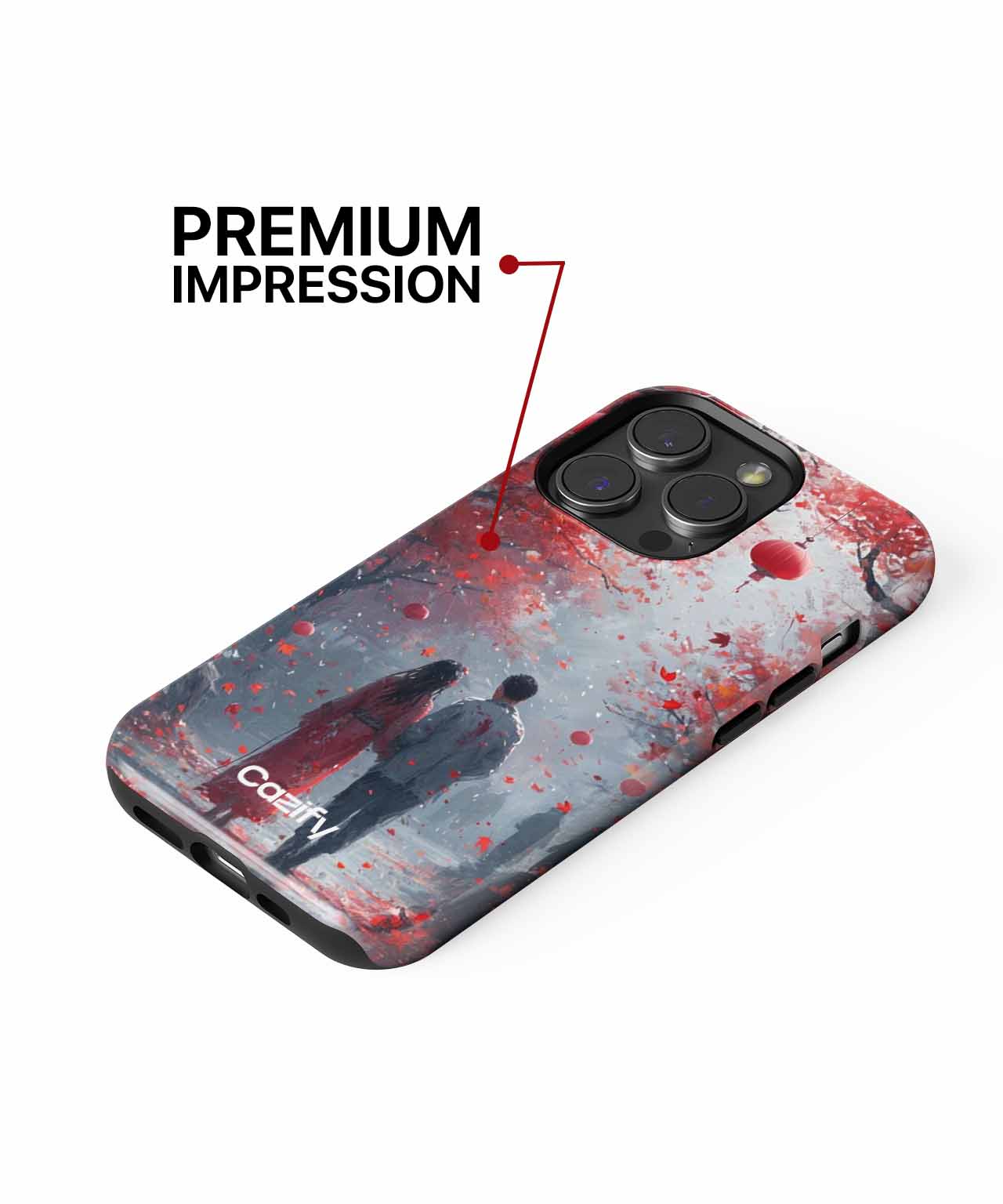 Black and red graphic phone case with a silhouette of a person amid splattered red patterns. - Cazify Canada