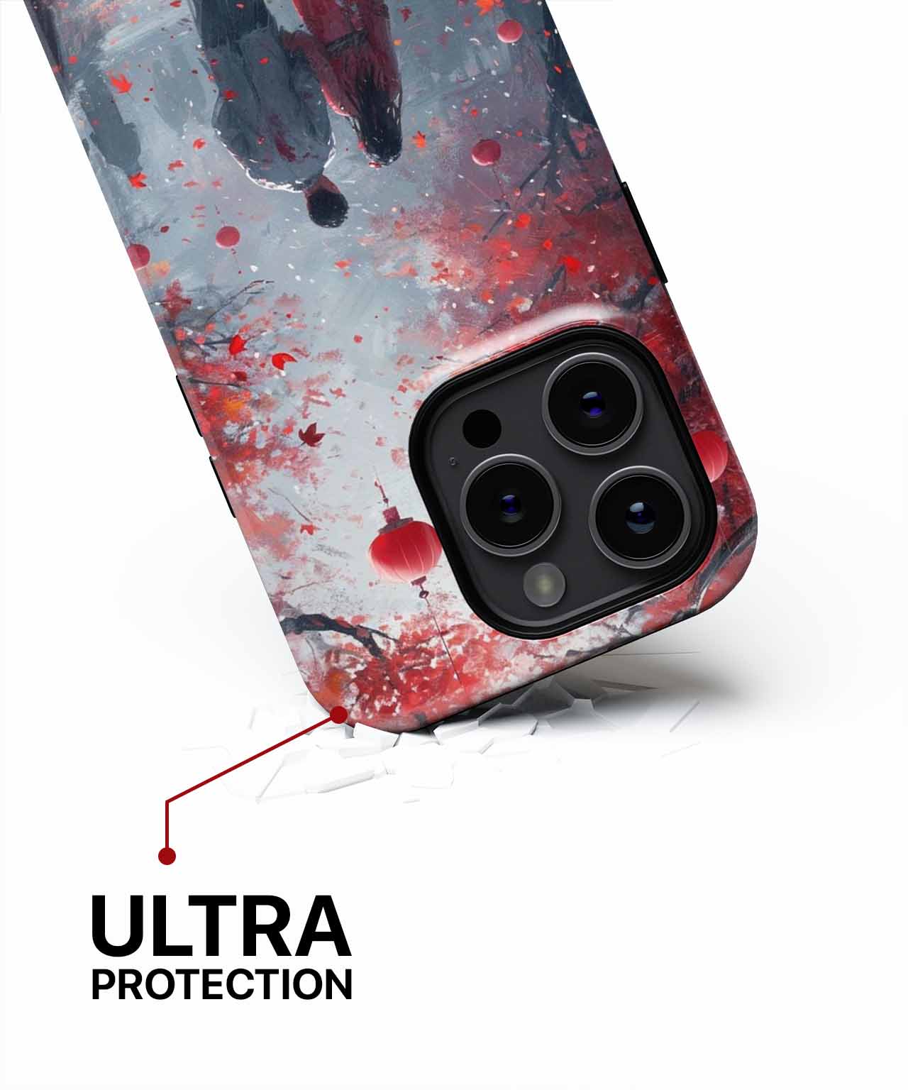 Black and red splatter design phone case with reinforced corner and triple camera cutout. - Cazify Canada