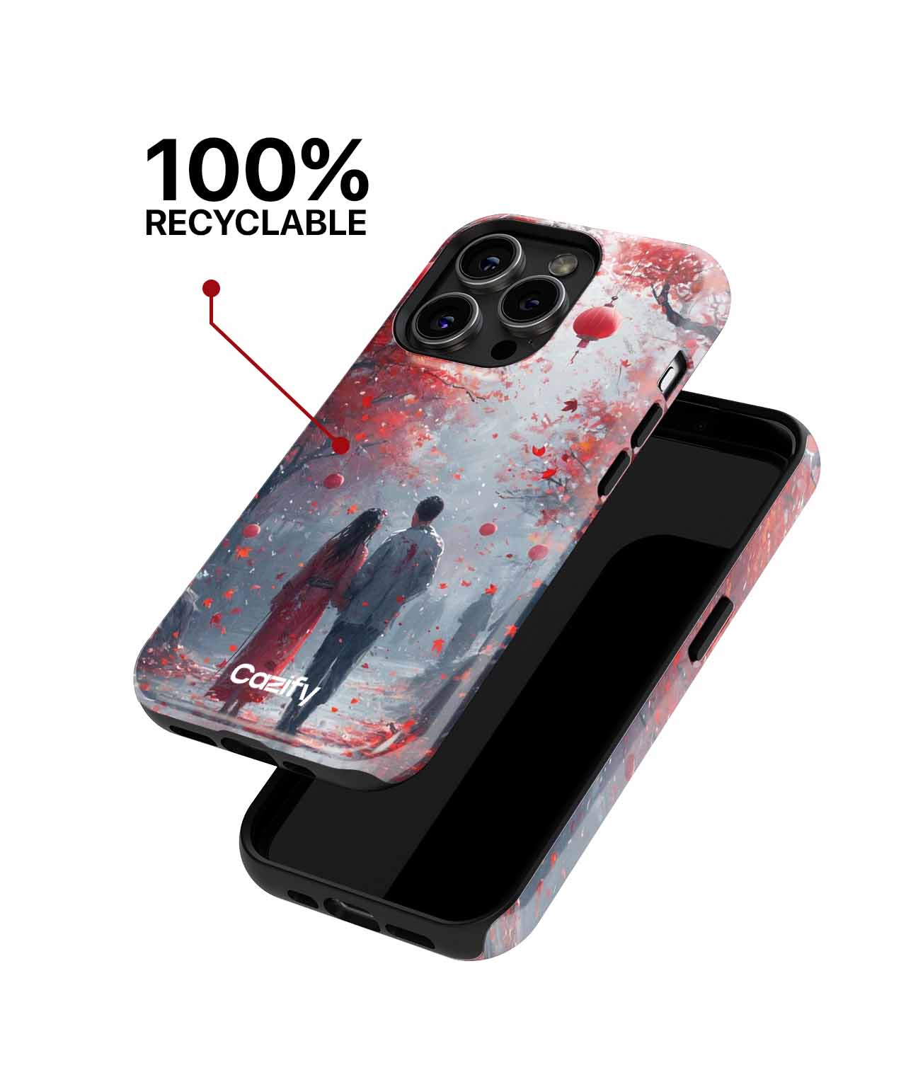 IPhone case with dark red and gray abstract design featuring two silhouetted figures, labeled 100% recyclable. - Cazify Canada