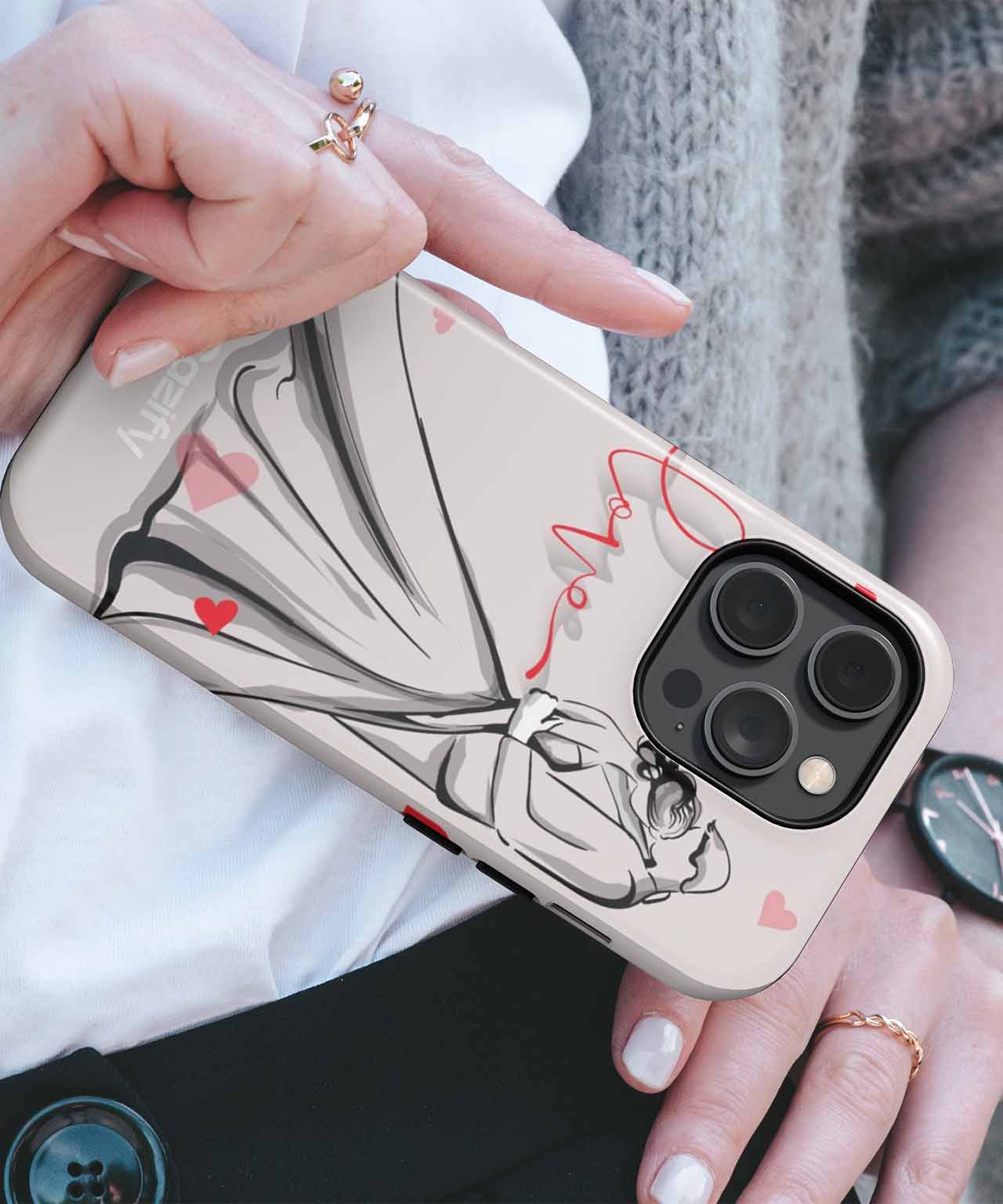 Cream-colored iPhone case with abstract line art of a hand and small red hearts. - Cazify Canada