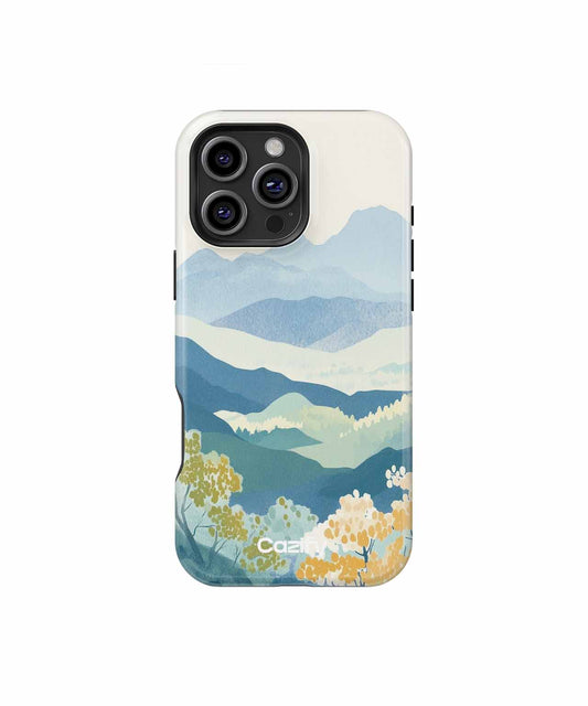 Cazify Canada - Phone case with blue and white mountain landscape and yellow flowers design.