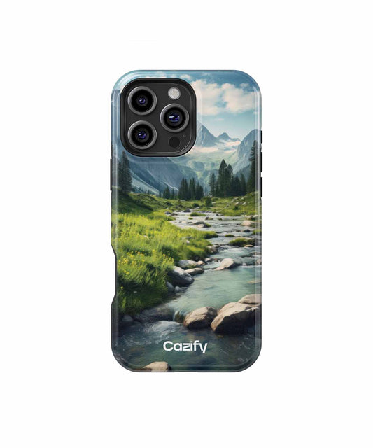 Cazify Canada - Phone case with a scenic mountain landscape and rocky river under blue sky.