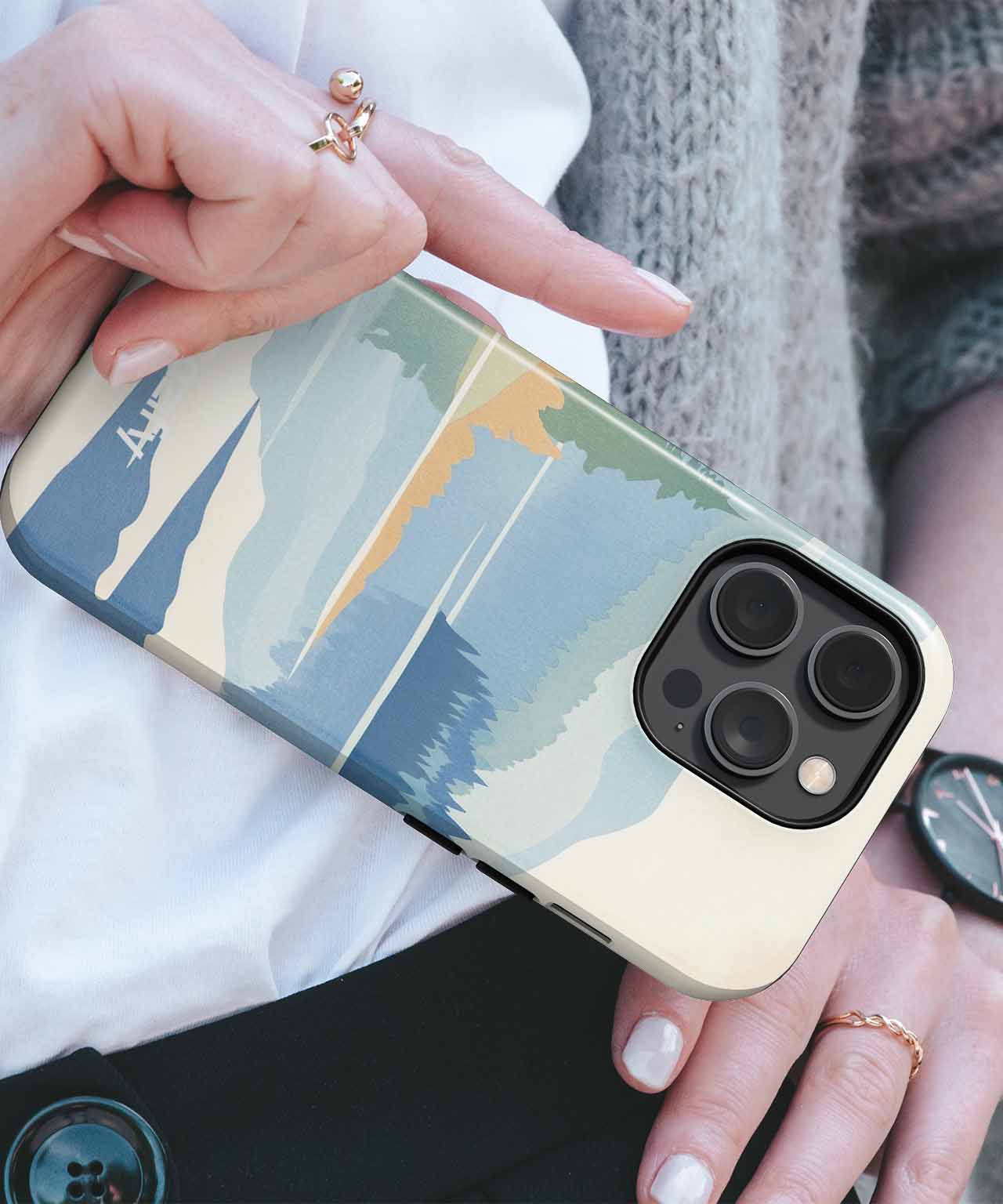 Cazify Canada - Beige and green abstract wave-patterned iPhone case with gold camera accents.