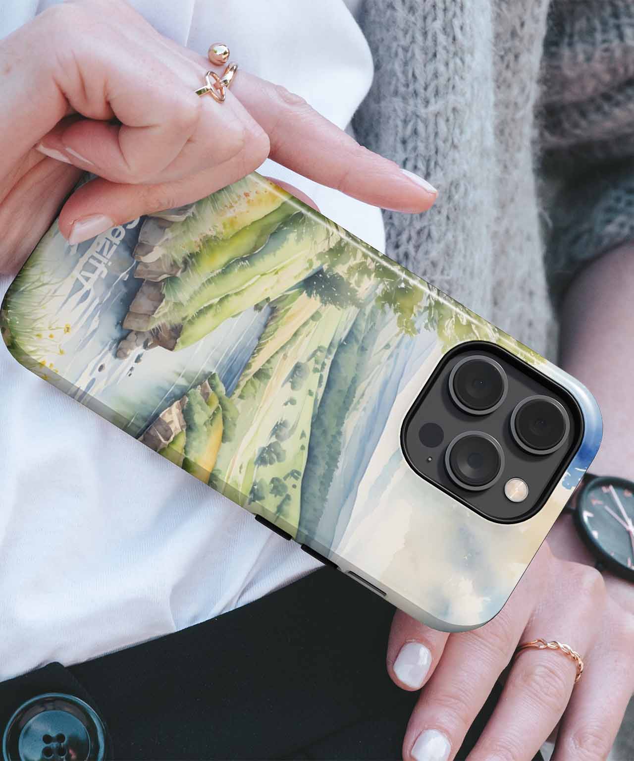 Serene River Landscape with Green Hills iPhone case Case Cazify - Delivery Canada