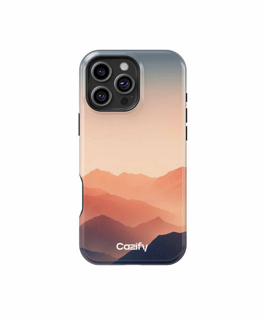 Cazify Canada - Gradient mountain landscape phone case with muted peach and blue tones, Casely logo at bottom.