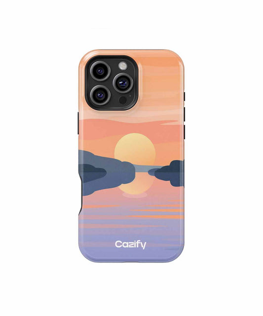 Cazify Canada - Phone case with sunset lake scene in peach, lavender, and navy blue colors, and "Coazify" logo.