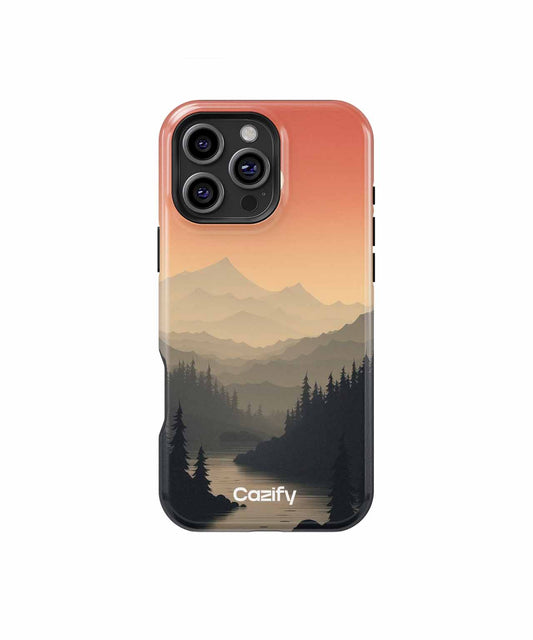 Cazify Canada - Phone case with layered mountain landscape in warm sunset tones and dark forest silhouette.
