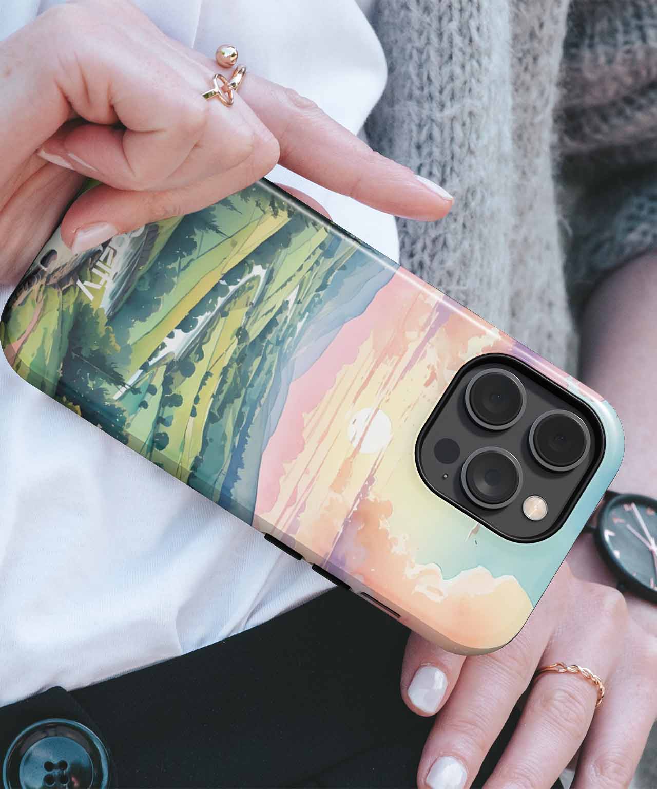 Colorful landscape painting phone case on modern smartphone with triple camera lenses. - Cazify Canada