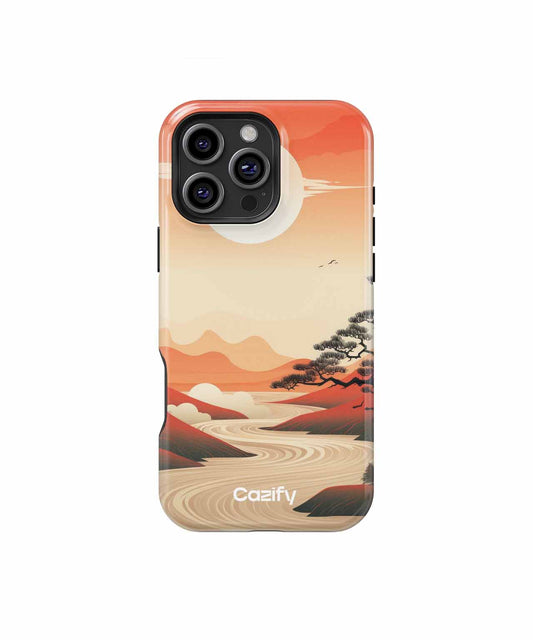 Cazify Canada - IPhone case with sunset landscape featuring mountains, a tree, and birds in warm orange tones.
