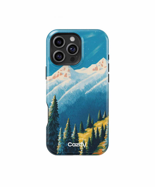 Cazify Canada - Blue phone case with mountain and pine tree landscape design for iPhone Pro model.